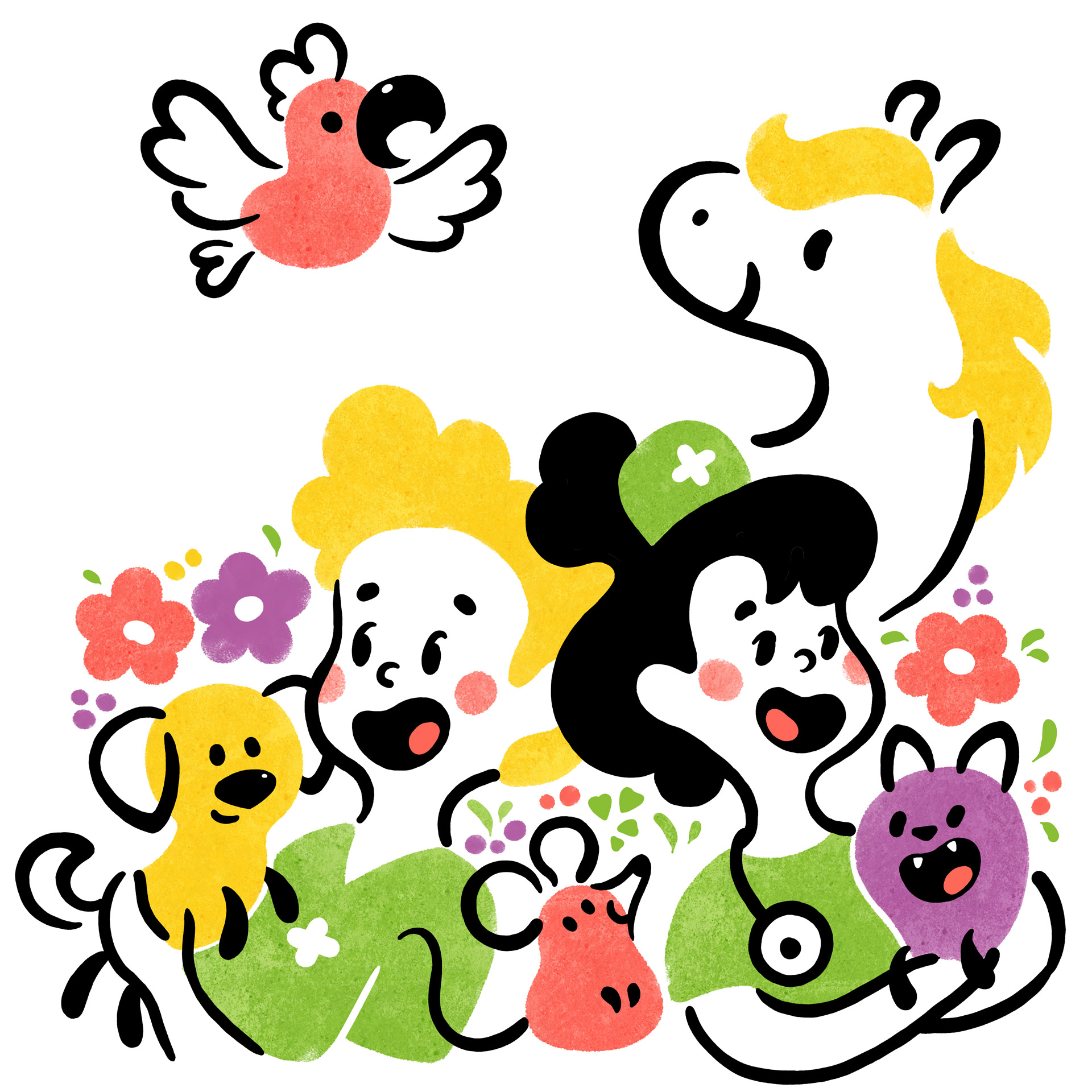 Illustration mit Menschen und Tieren